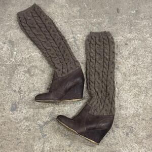 70s/80s Vintage Benetton Leather & Cable-Knit Wedge Boots